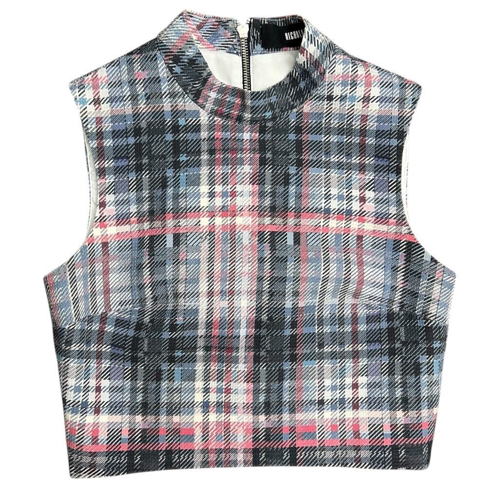 Nicholas Silk Crop Top Plaid Sleeveless High Neck Blouse Mock Neck Shirt sz 2 XS